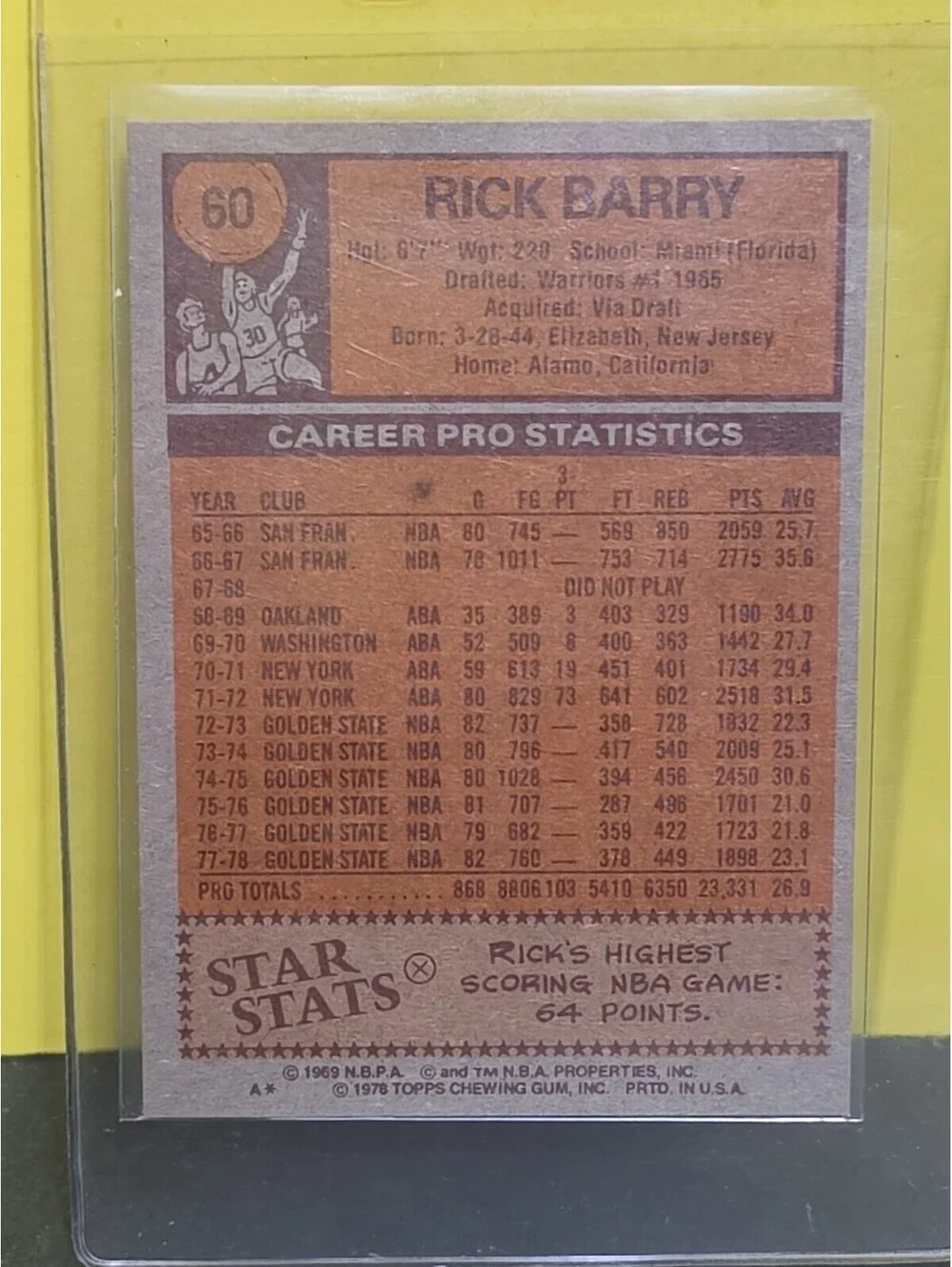 1978 TOPPS BASKETBALL #60 RICK BARRY!! NM-MT OR BETTER!!